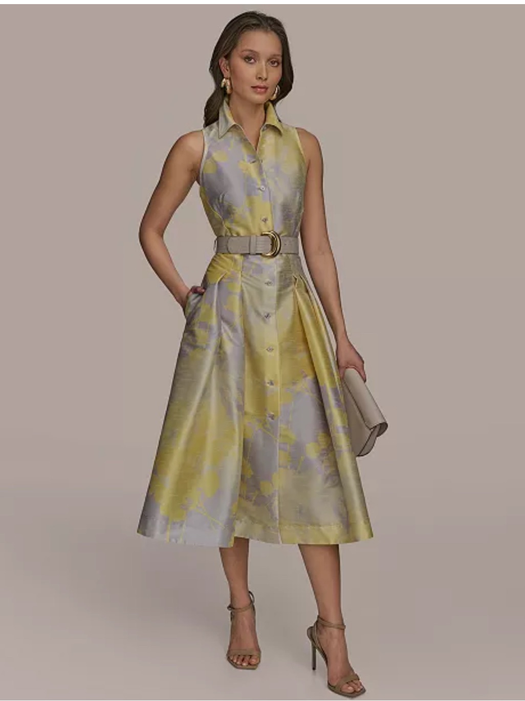 Donna Karan Nwt Yellow And Light Gray Sleeveless Midi Shirt Dress